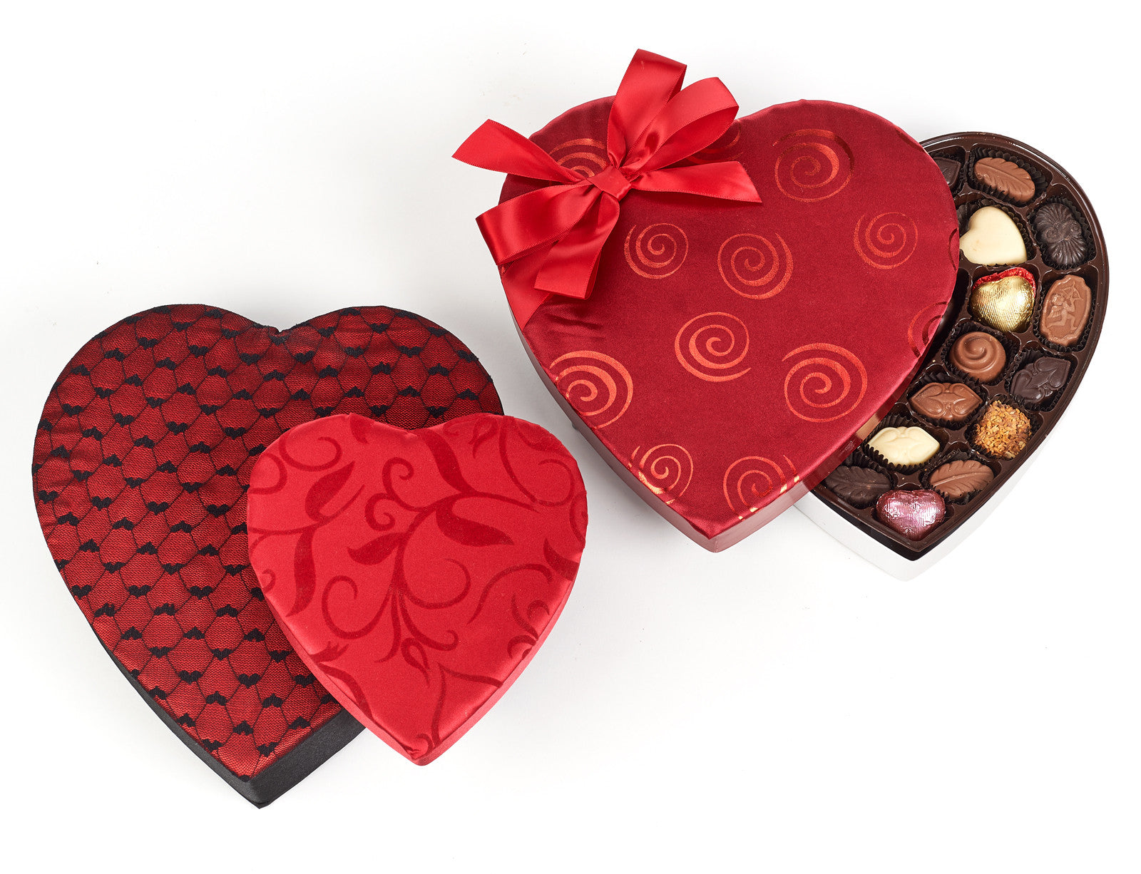 Love is Sweet Collection, red satin heart boxes – Kron Chocolatier